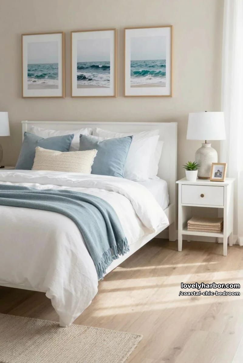 airy bedroom with white bedding, blue accents, jute rug, and ocean prints. 1