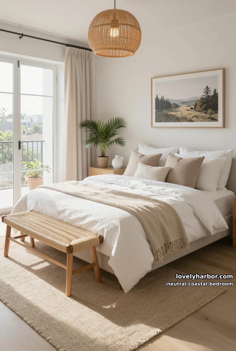 airy bedroom with white bedding, woven bench, rattan pendant, and balcony access. 1