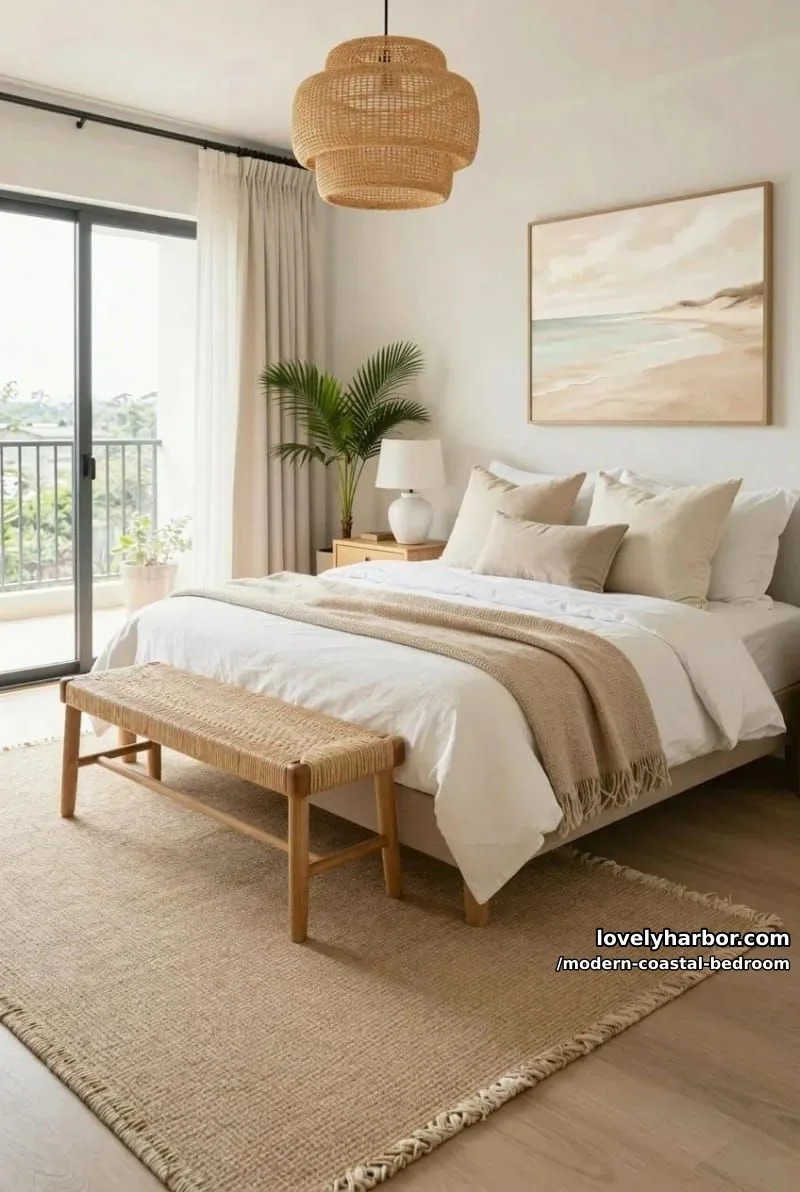 airy bedroom with white linens, beige accents, and woven textures. 1