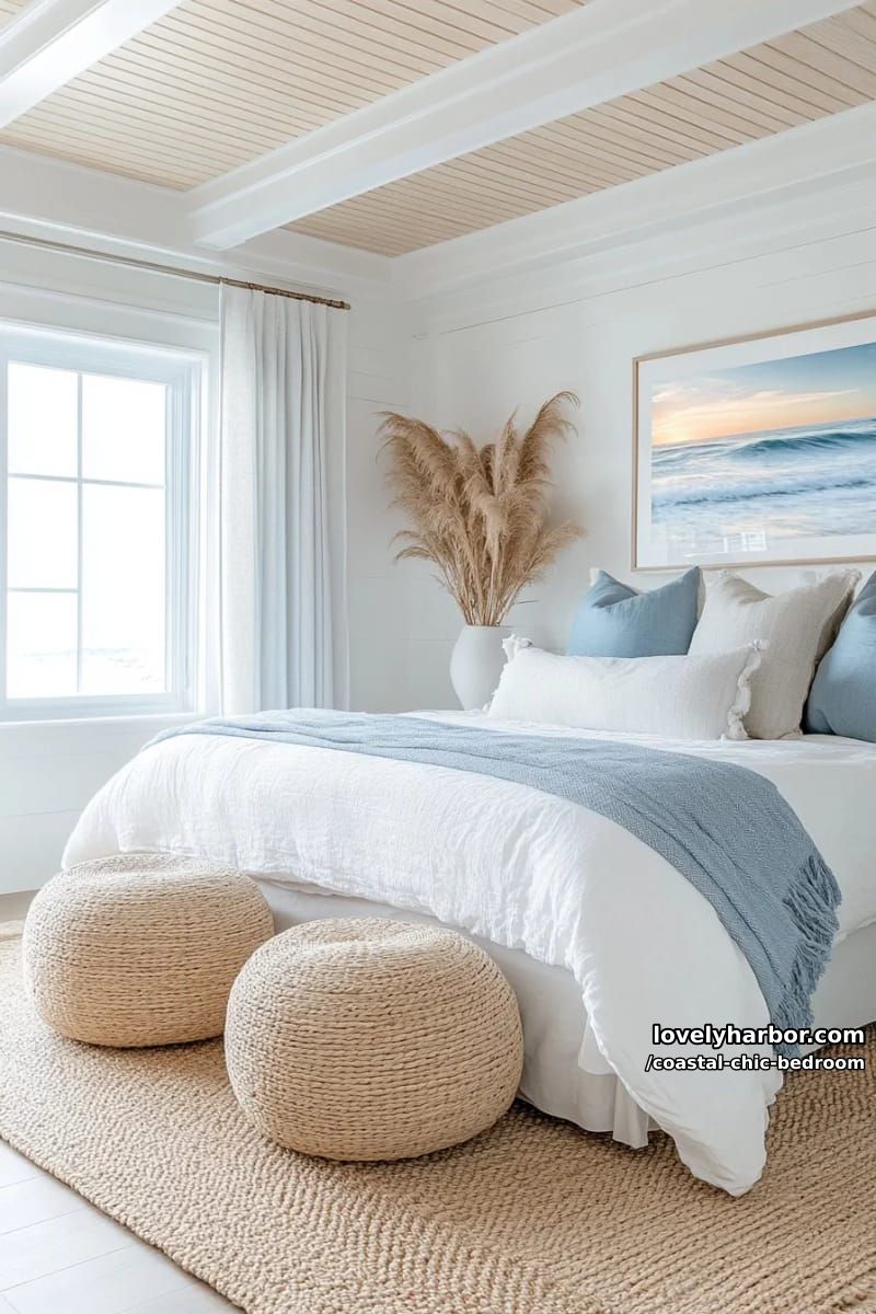 airy bedroom with white linens, blue pillows, jute rug, wicker ottomans, and sunset art. 1