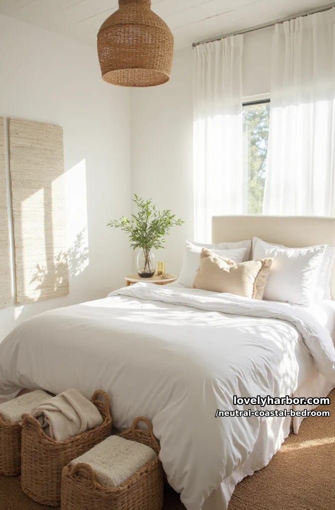 airy bedroom with white linens, rattan pendant, wicker baskets, and jute rug. 1
