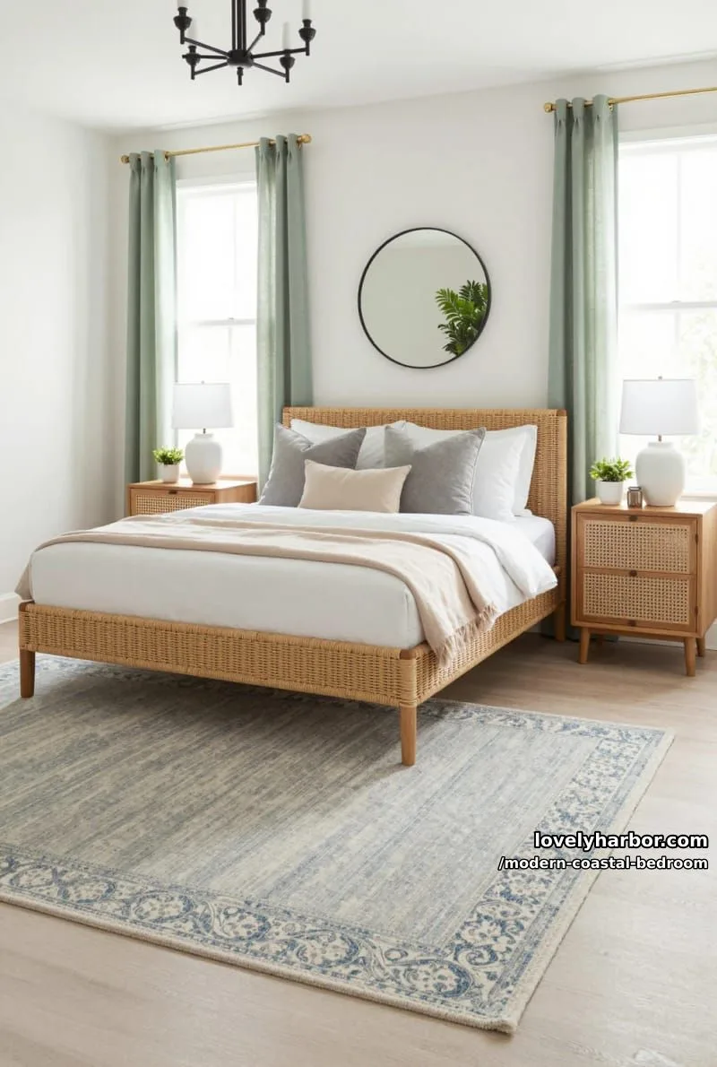 airy bedroom with woven bed frame, blush accents, and sage green curtains. 1