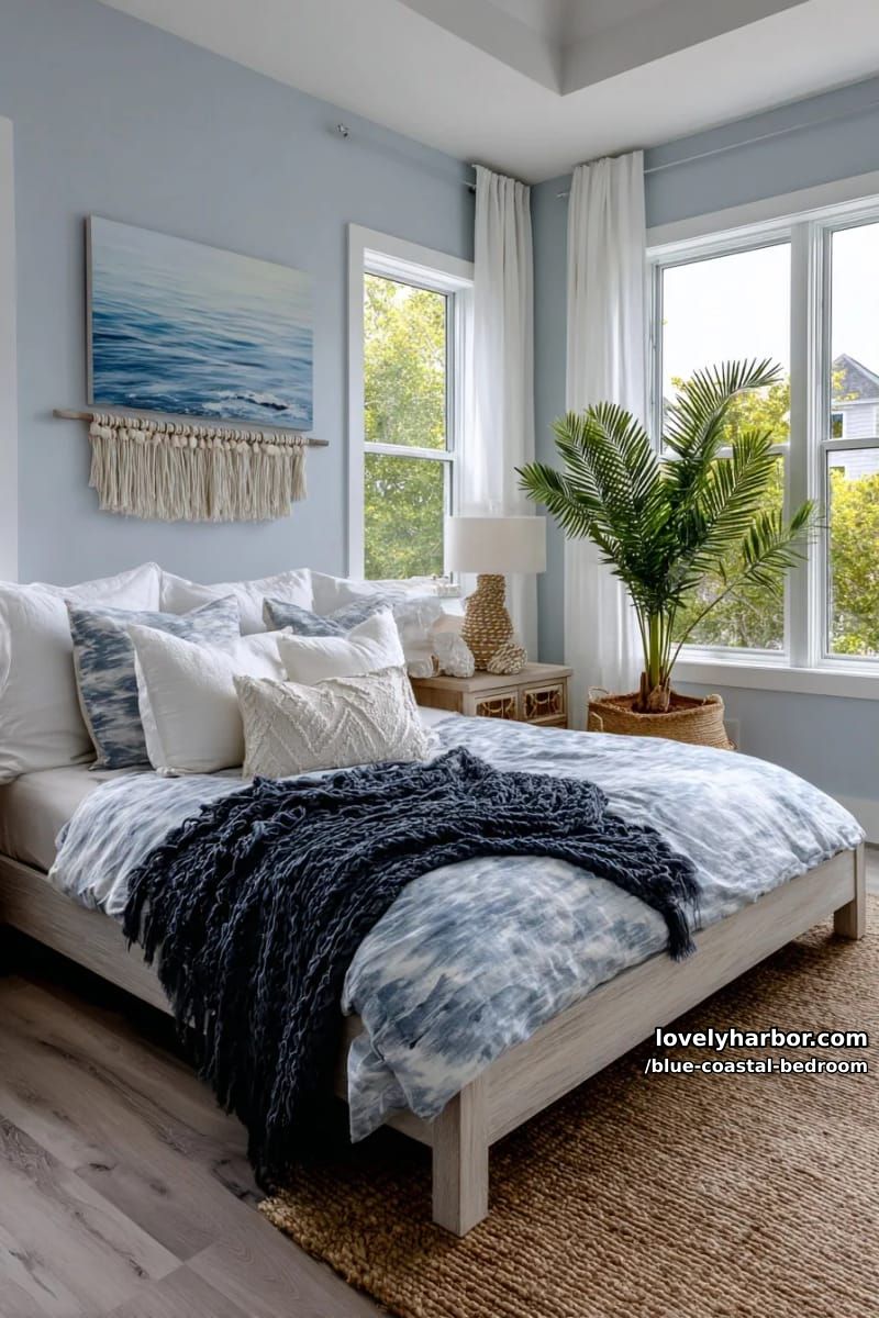 airy coastal bedroom with blue and white decor, shell accents, and macrame. 1