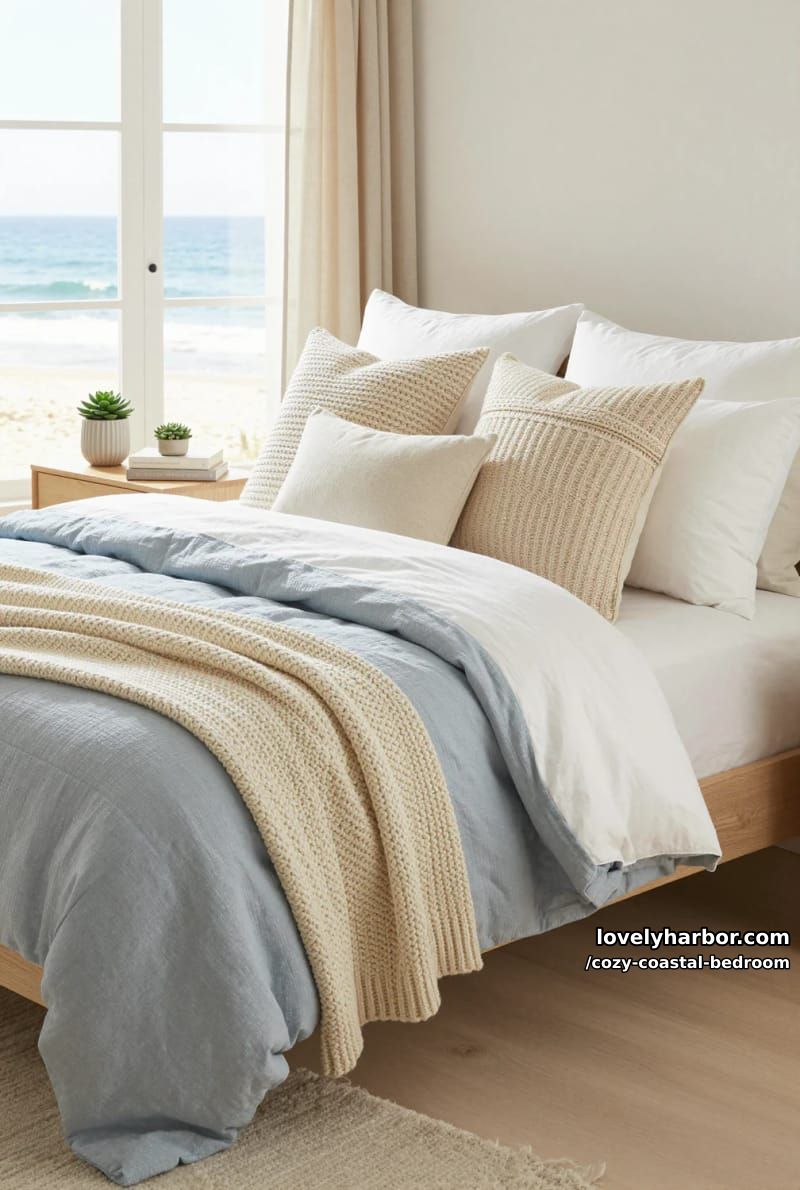 20 Dreamy Coastal Bedrooms for a Serene Retreat 3 airy coastal bedroom with layered pastel bedding and beach-inspired decor 1