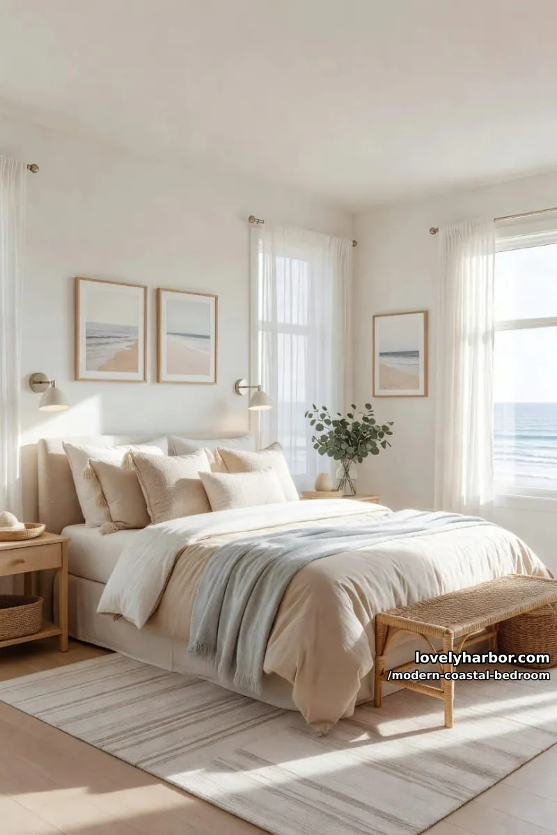 airy coastal bedroom with light wood furniture, soft linens, and beach artwork. 1