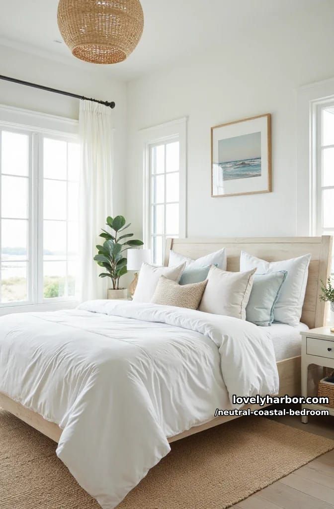 airy coastal bedroom with white bed, blue accents, woven textures, and nautical decor. 1