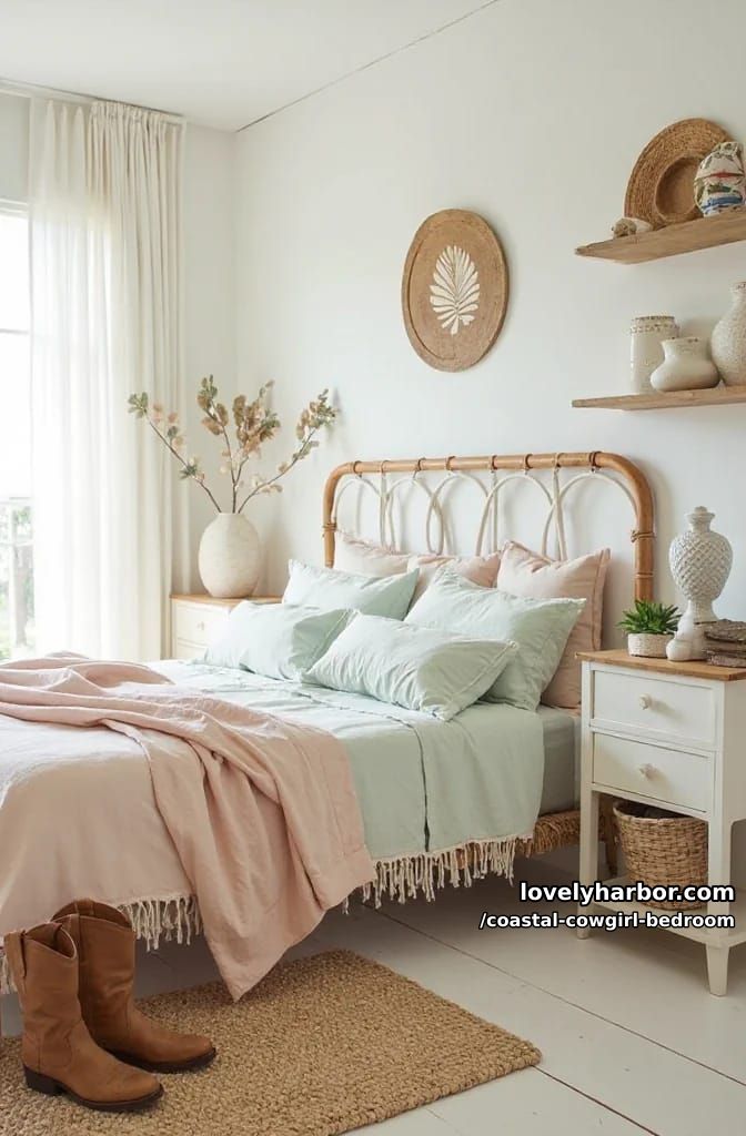 airy coastal cowgirl bedroom with pastel decor, palm art, floating shelves, boots. 1