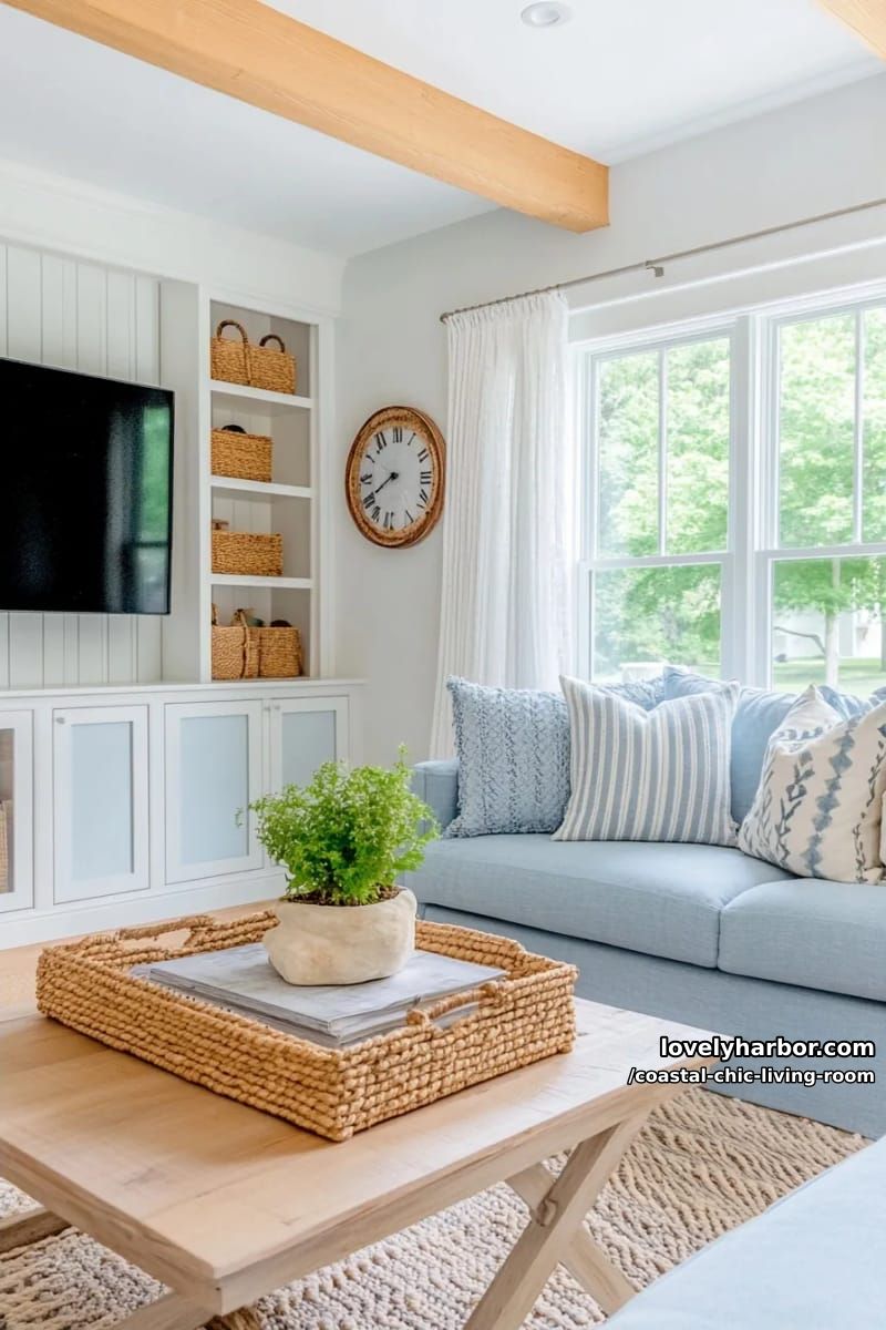 airy coastal living room with blue sofa, wicker baskets, shiplap, and built-in console. 1