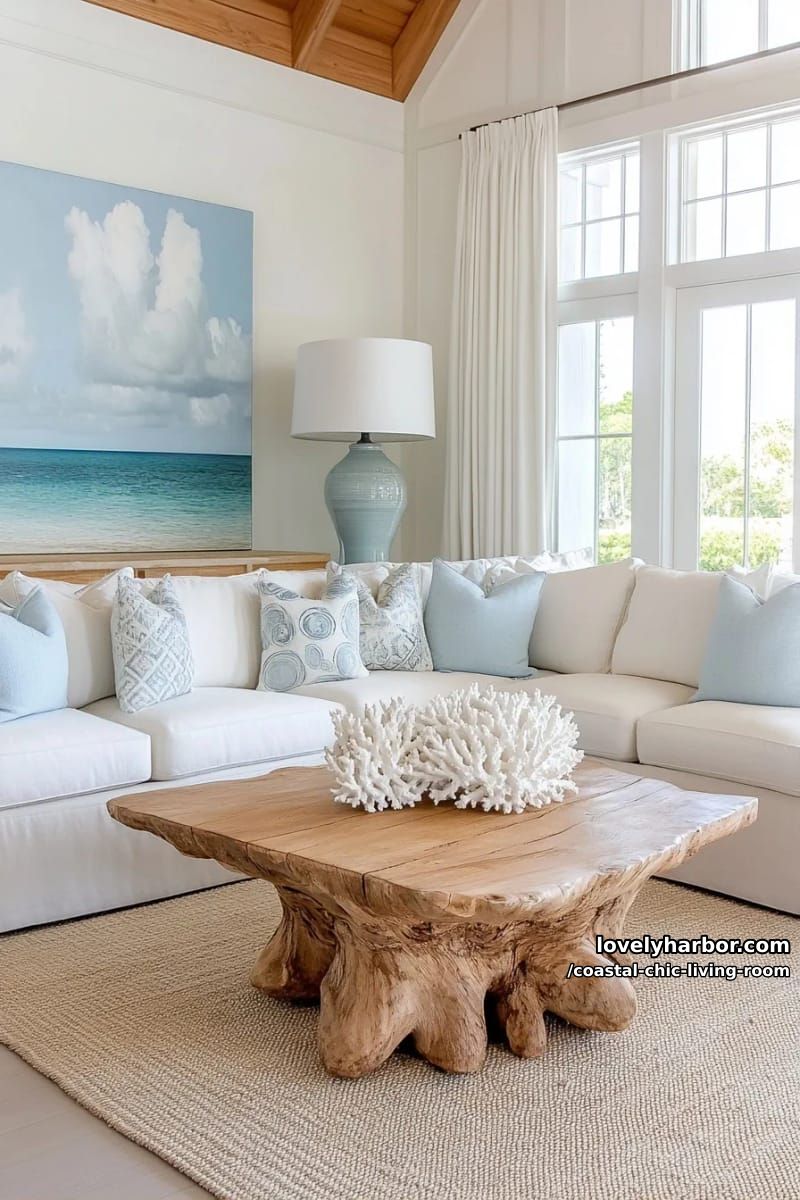 airy coastal living room with cream sectional, tree root coffee table, and seascape art. 21