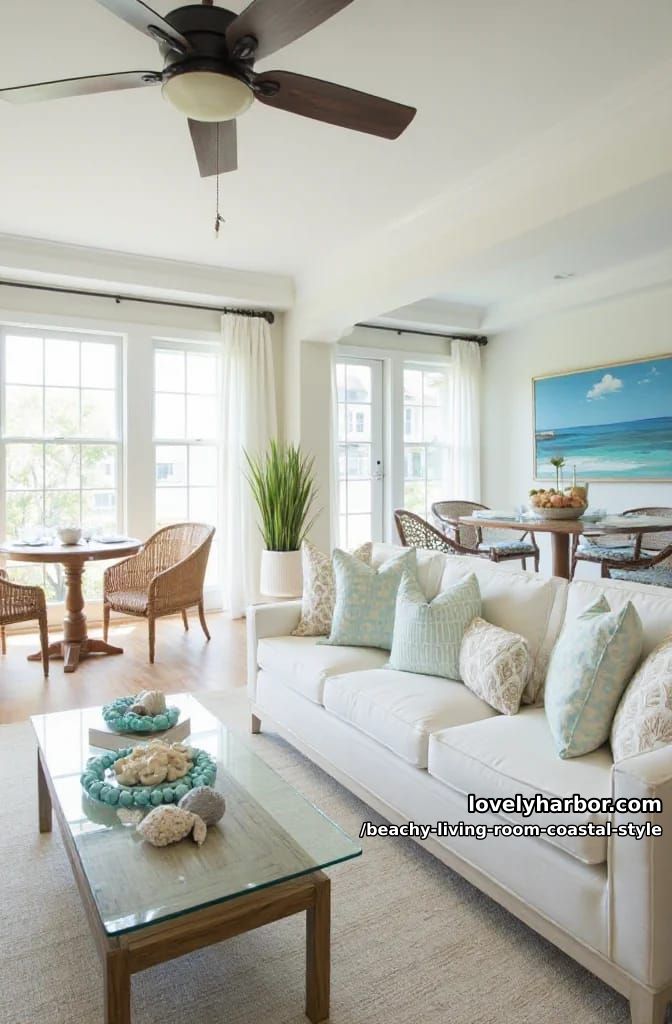 airy coastal living room with large windows, glass coffee table, and rattan dining 1