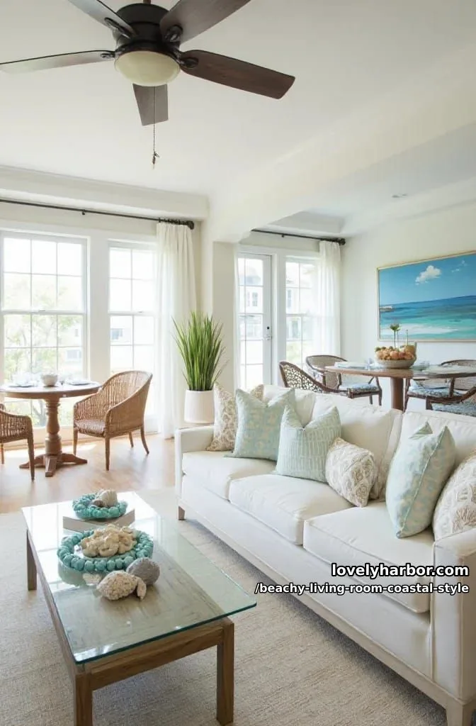 airy coastal living room with large windows, glass coffee table, and rattan dining 1