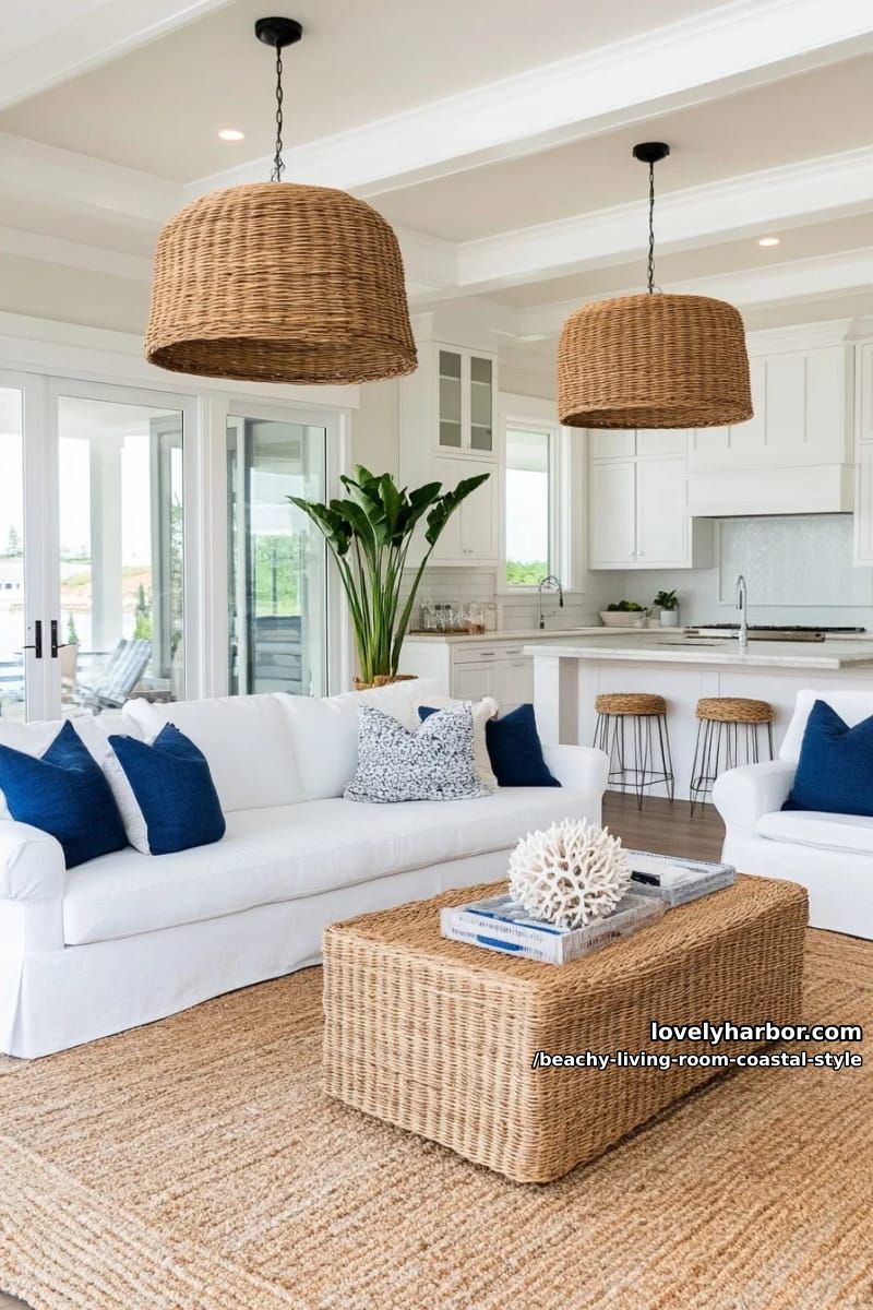 airy coastal living room with white sofas, jute rug, and open kitchen 1