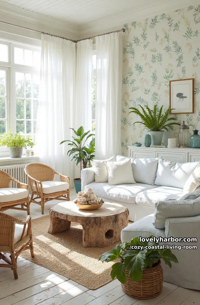 airy cottage-coastal living room with pinstripe upholstery and botanical wallpaper 1