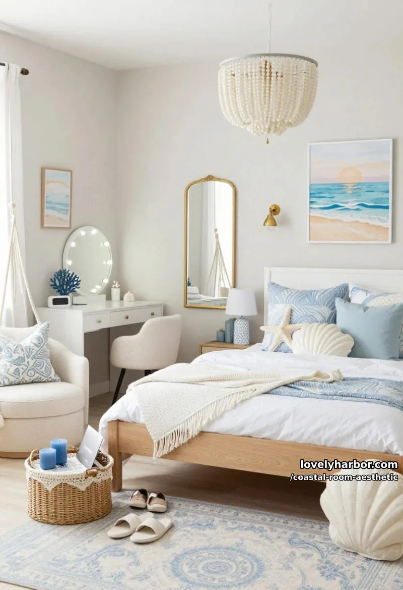 airy girl's bedroom with starfish pillows, vanity, mirrors, and beach accessories. 1