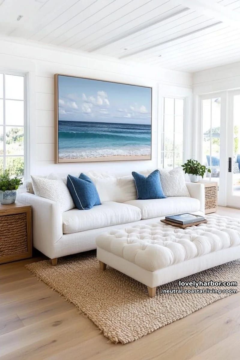 airy living room, cream tufted ottoman, white sofa, ocean painting, natural light. 1