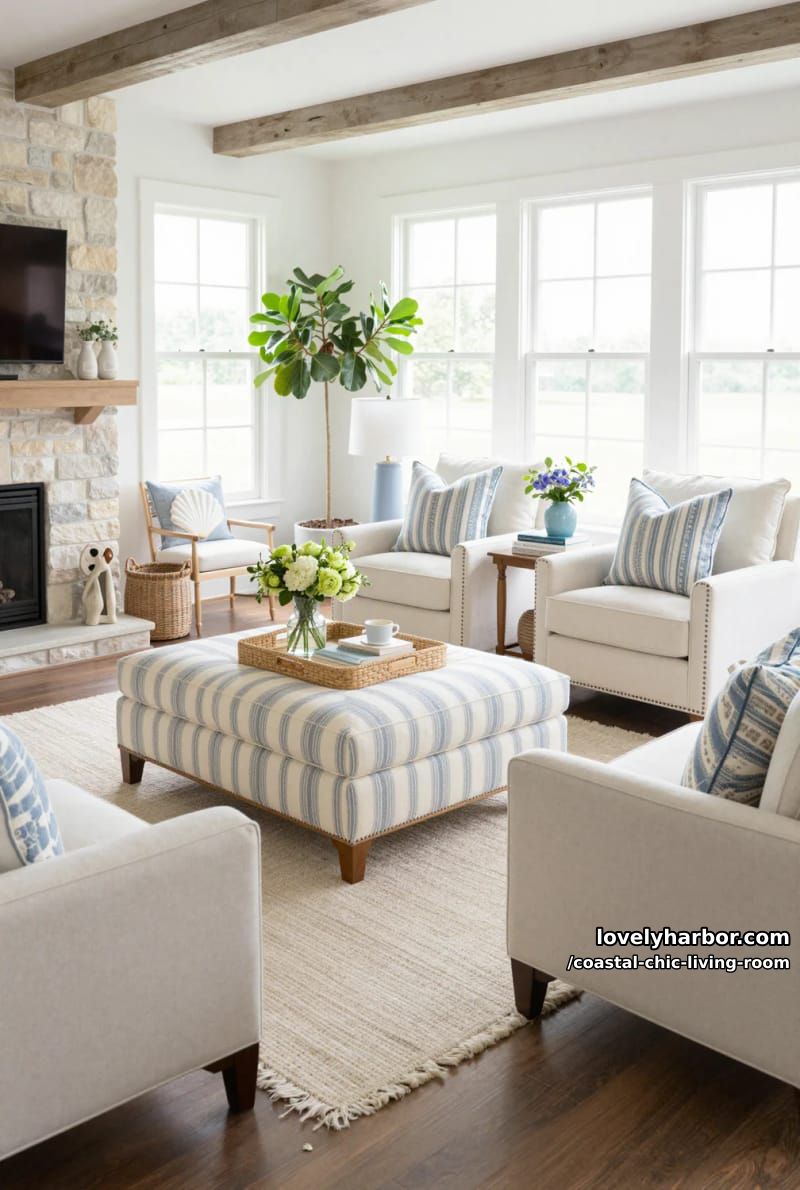 airy living room with cream armchairs, striped ottoman, stone fireplace, and blue decor. 1