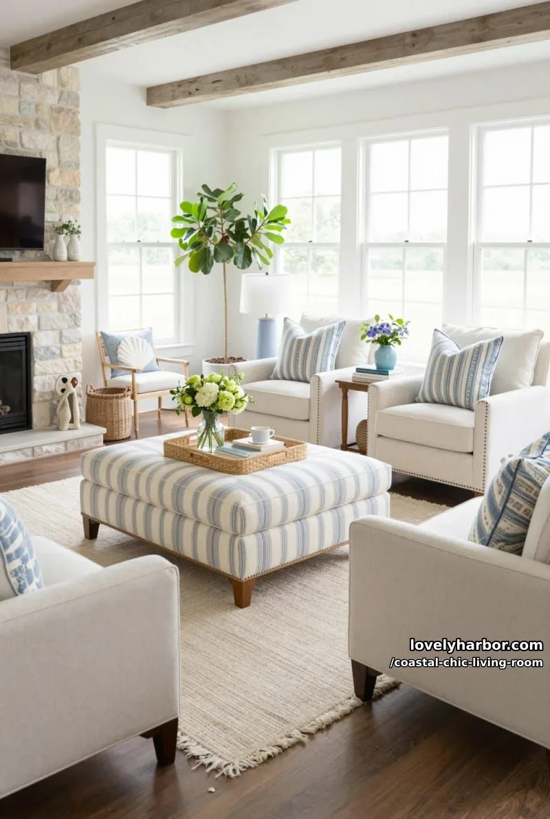 20 Chic Coastal Living Rooms You'll Love 23 airy living room with cream armchairs, striped ottoman, stone fireplace, and blue decor. 1
