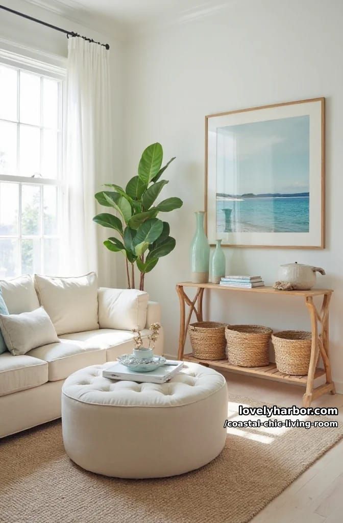 airy living room with cream sofa, tufted ottoman, ocean art, and rattan console. 1