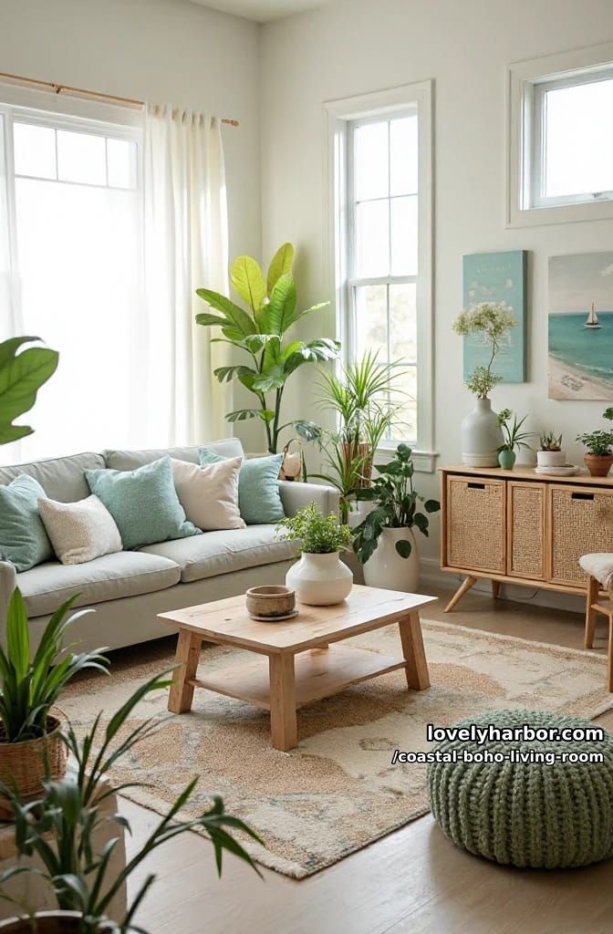 airy living room with light gray sofa, teal accents, and lush houseplants. 1