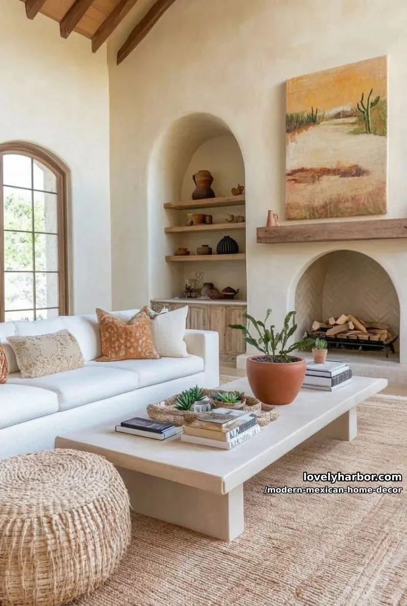 18 Modern Mexican Decor for a Stylish Home 2 airy living room with modern-traditional mexican decor and arched fireplace. 1
