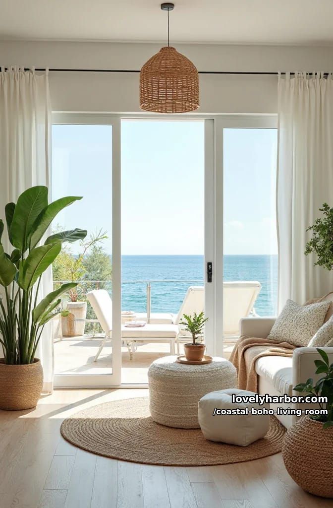 airy living room with ocean view, white couch, green plants, woven accents. 1