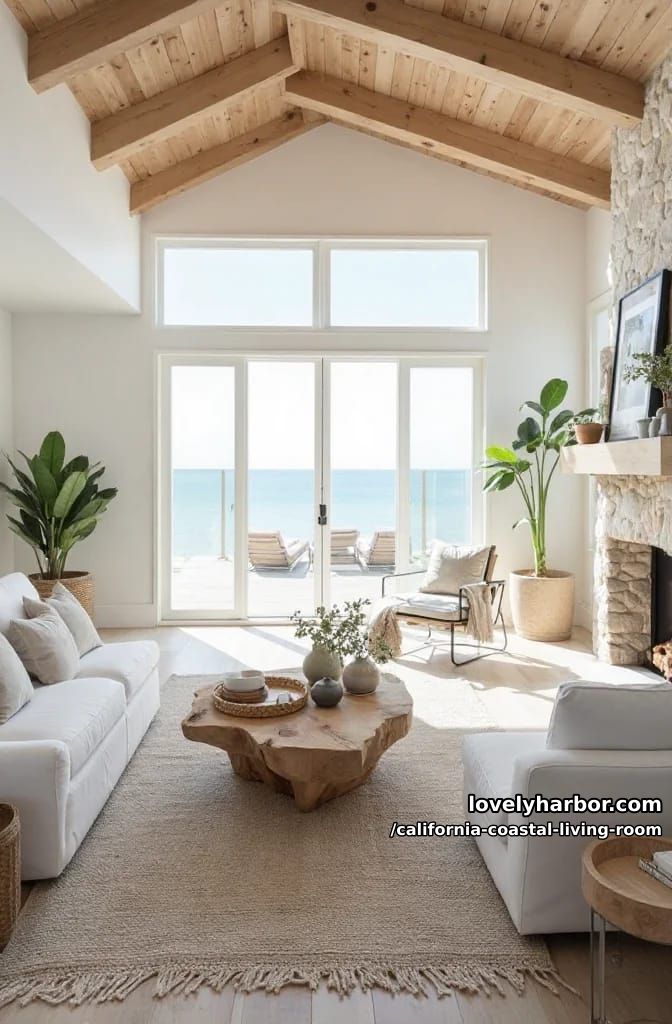 airy living room with ocean view, white sofas, wood beams, and stone fireplace. 1