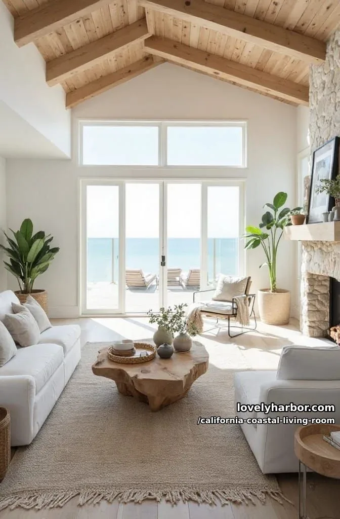airy living room with ocean view, white sofas, wood beams, and stone fireplace. 1
