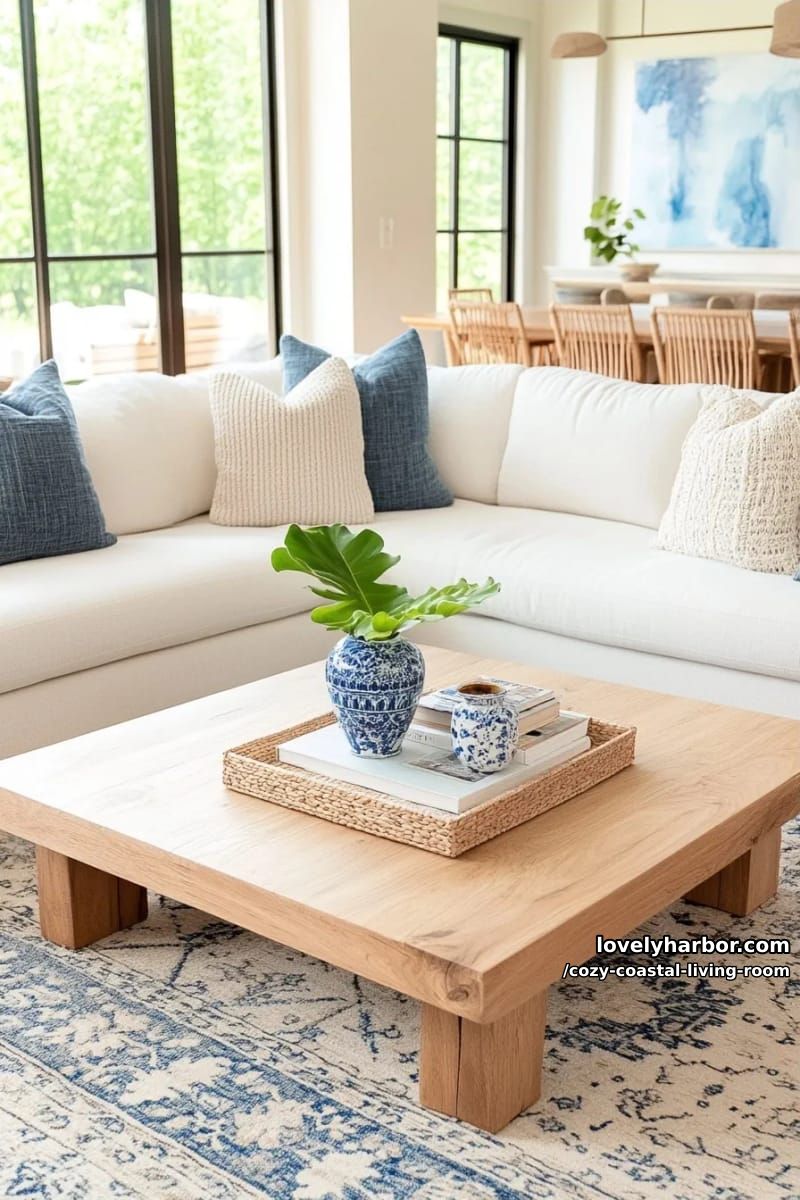 airy living room with off-white sectional, blue pillows, and natural textures 1