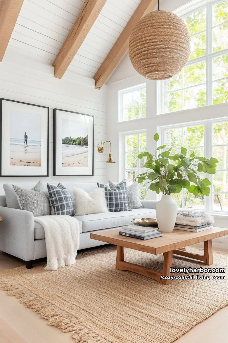 airy living room with shiplap, plaid pillows, and beach photography 1