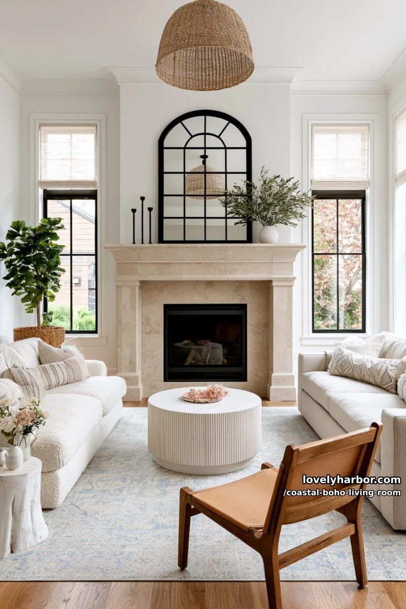 airy living room with stone fireplace, neutral sofas, and woven textures. 1