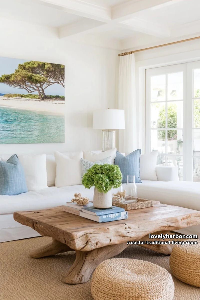 20 Dreamy Coastal Traditional Living Room Designs to Inspire 22 airy living room with white sectional, rattan poufs, and coastal wall art. 1