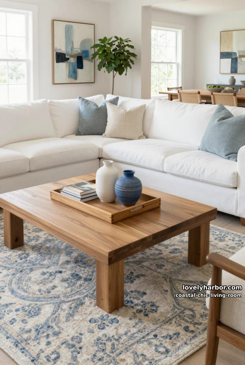 airy living room with white sectional, wood coffee table, blue area rug, and art. 1