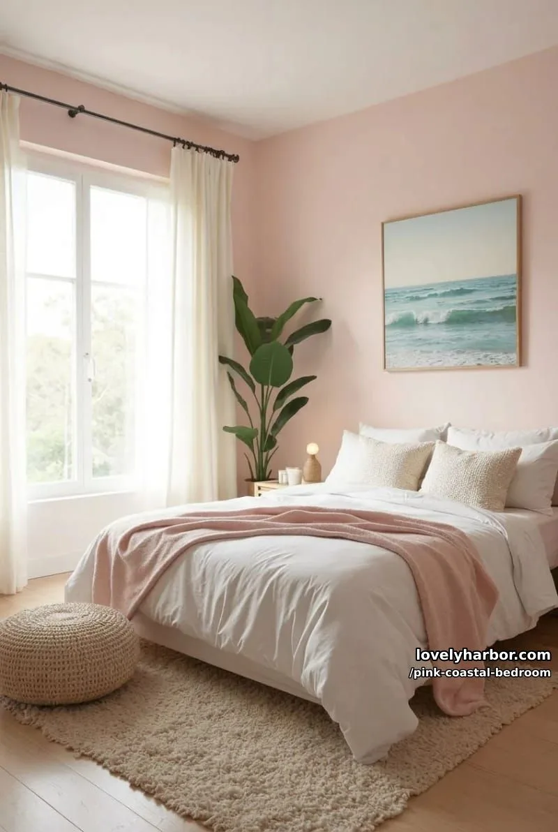 20 Dreamy Pink Coastal Bedroom Ideas to Try This Season 2 airy pink boho bedroom with ocean artwork and natural textures. 1
