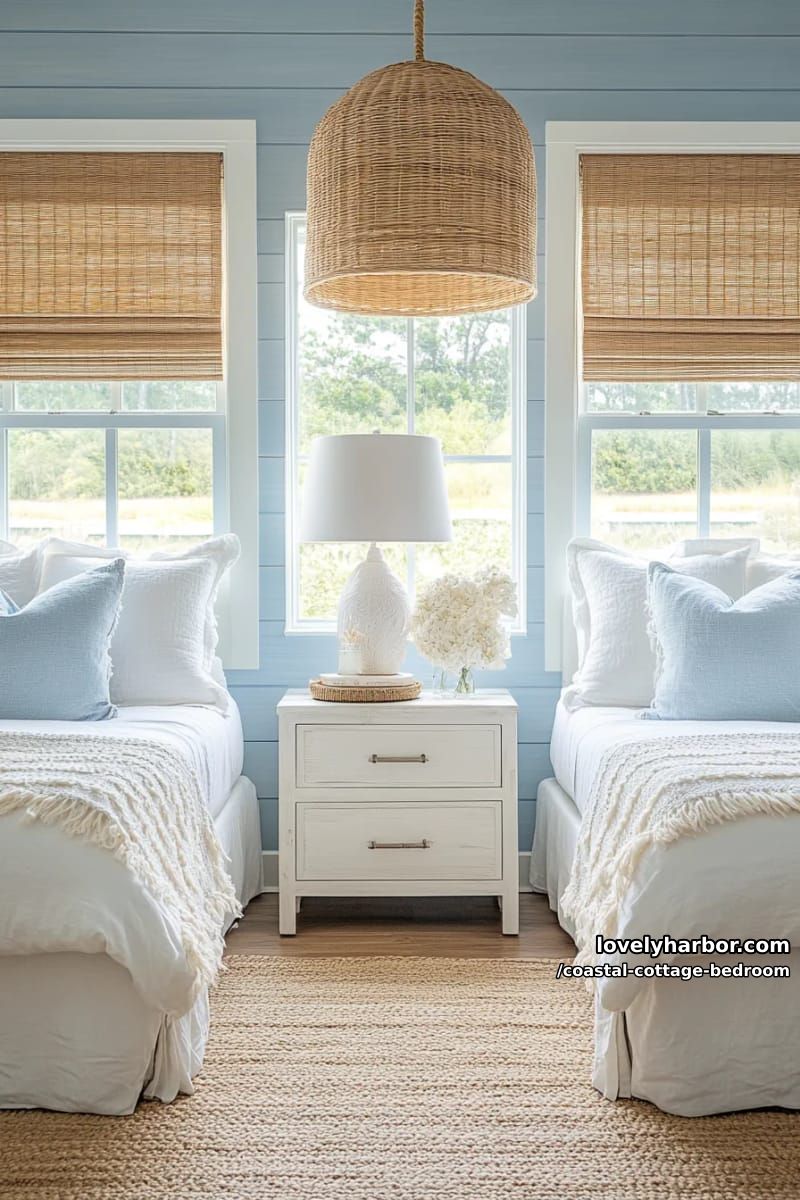 airy twin bedroom with blue planked walls, rattan lighting, and coastal palette. 1