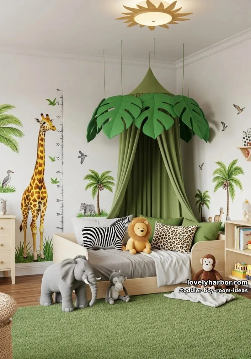 15 Playful Toddler Boy Room Design Ideas for Your Next Makeover 38 animal safari with giraffe growth chart and jungle leaf canopy above bed. 1