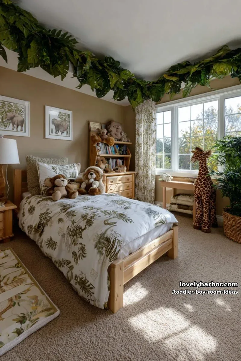 15 Playful Toddler Boy Room Design Ideas for Your Next Makeover 39 animal safari with giraffe growth chart and jungle leaf canopy above bed. 1