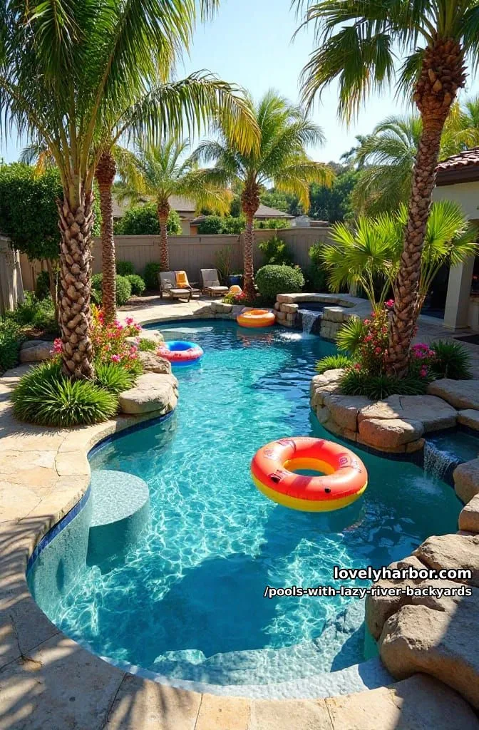 19 Pools with Lazy Rivers for Stunning Backyards 8 backyard lazy river oasis with inner tubes, rocks, and palm trees. 1