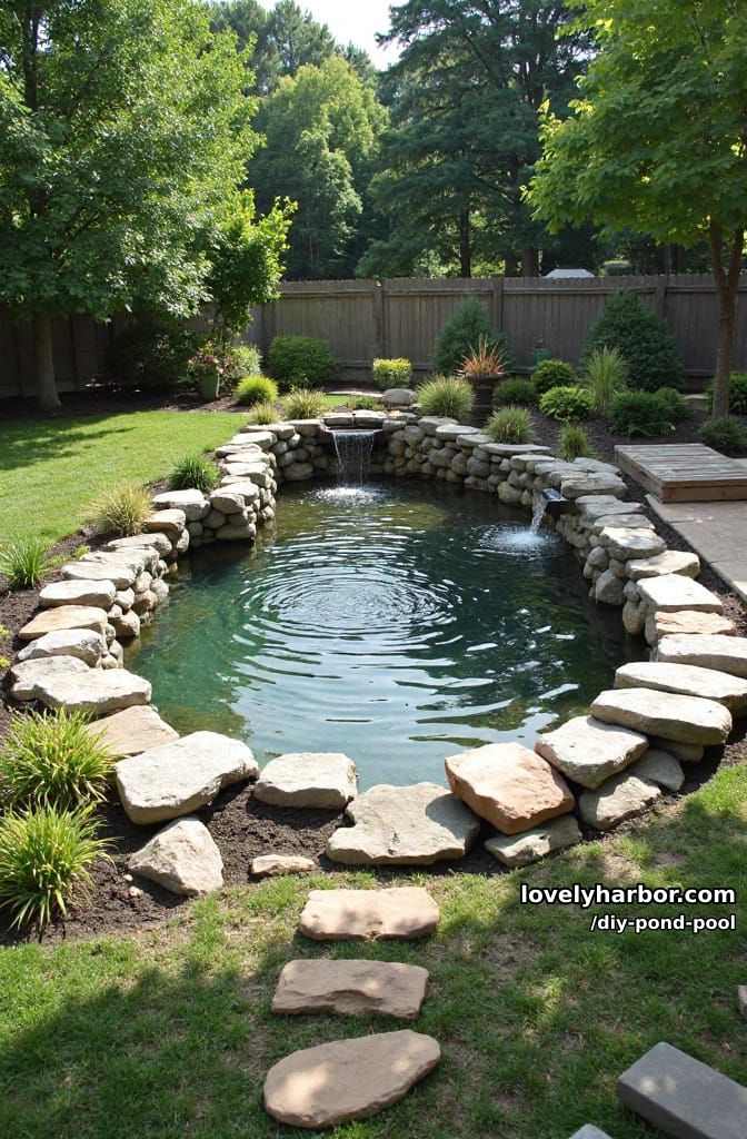 backyard pond pool installation with stone border and small waterfall 1