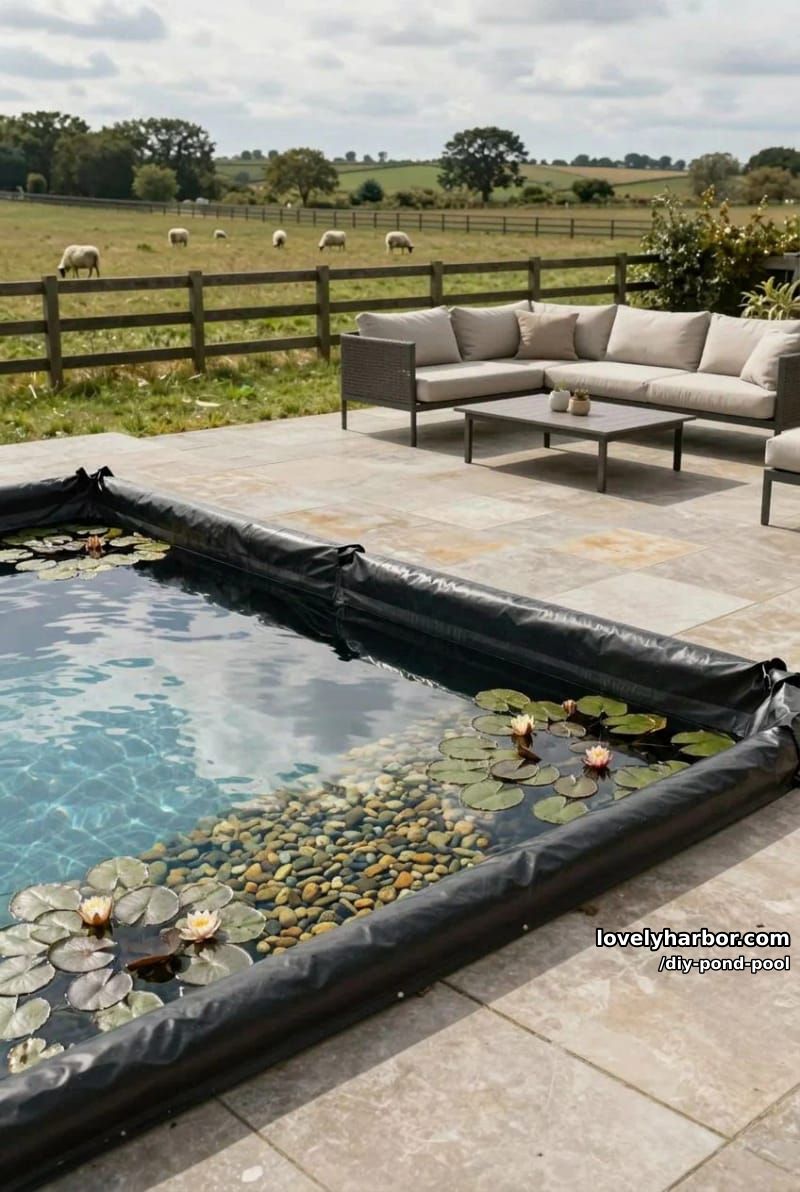 backyard pond with black liner, water, sofa set, and sheep field 1