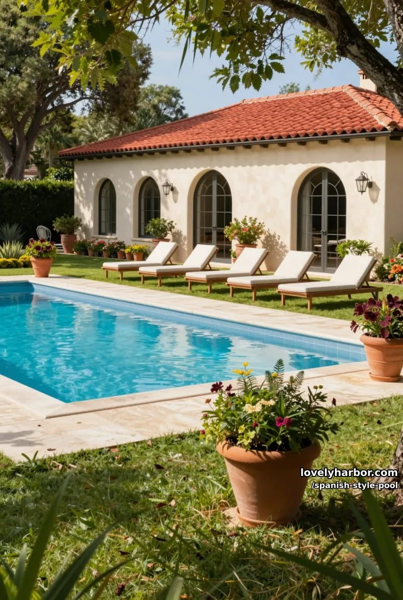 backyard pool beside a villa with arched windows, lush grass, terracotta pots, and leafy trees. 1