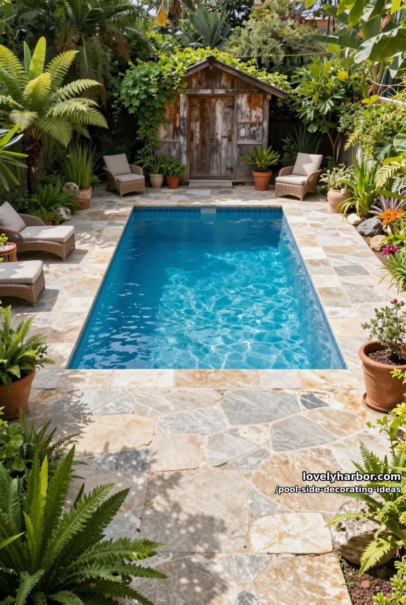 backyard pool surrounded by lush greenery, natural stone, and rustic garden shed. 1