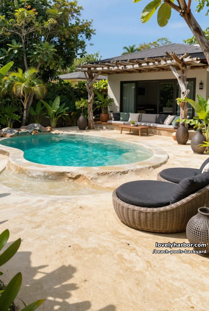 backyard pool with beach entry, greenery, modern house, pergola, and cozy seating. 1