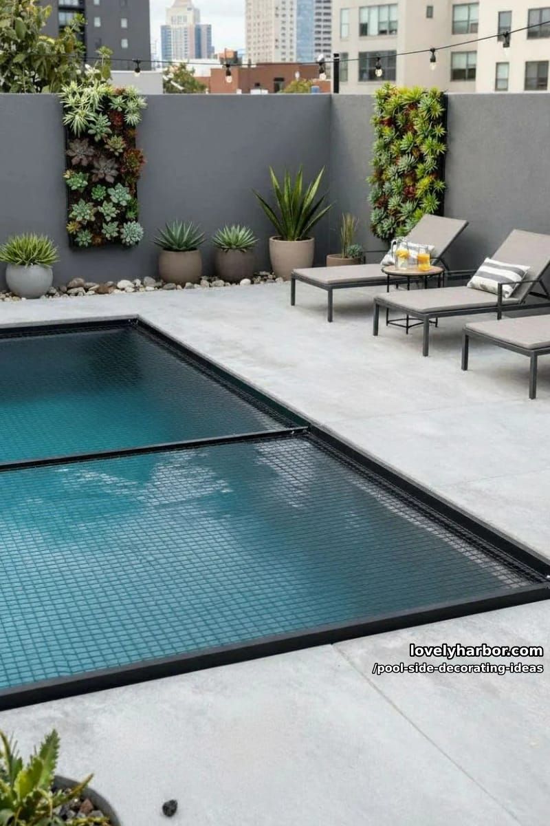 backyard pool with black metal grid cover, tools, security wall, and urban backdrop. 1