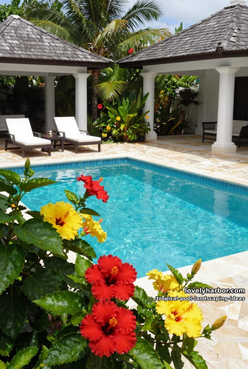 backyard pool with blooming hibiscus, white lounge chairs, patio, tropical plants. 1