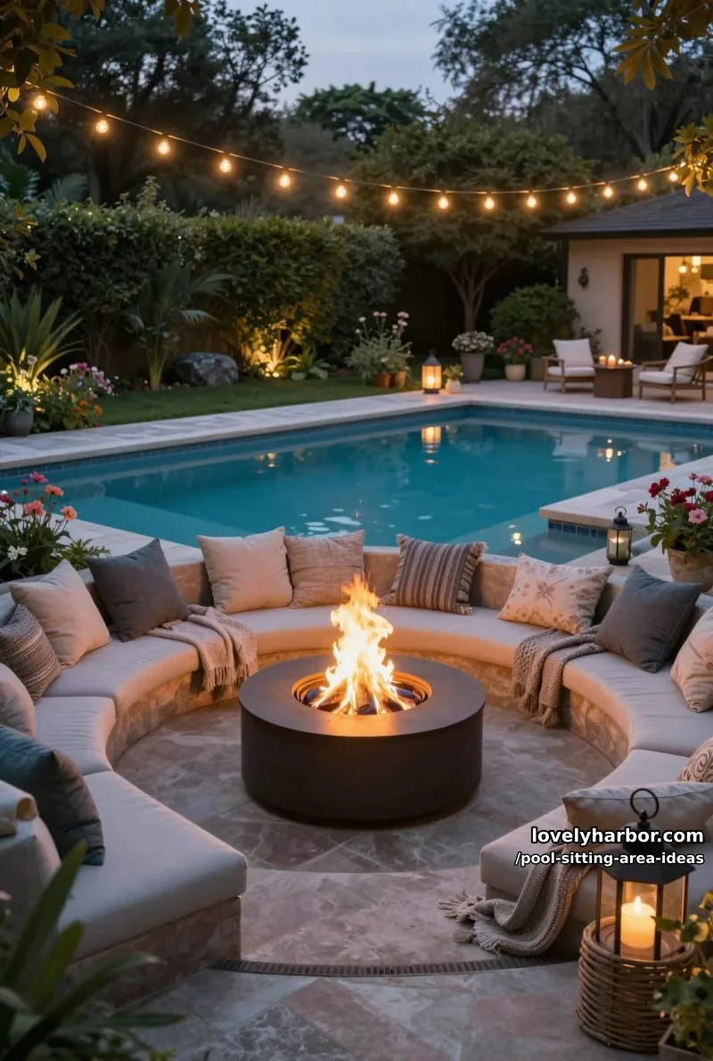 backyard pool with fire pit, string lights, and cozy seating areas. 1
