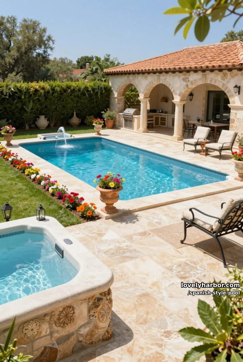 backyard pool with fountains, ornate planters, covered patio, and outdoor kitchen. 1