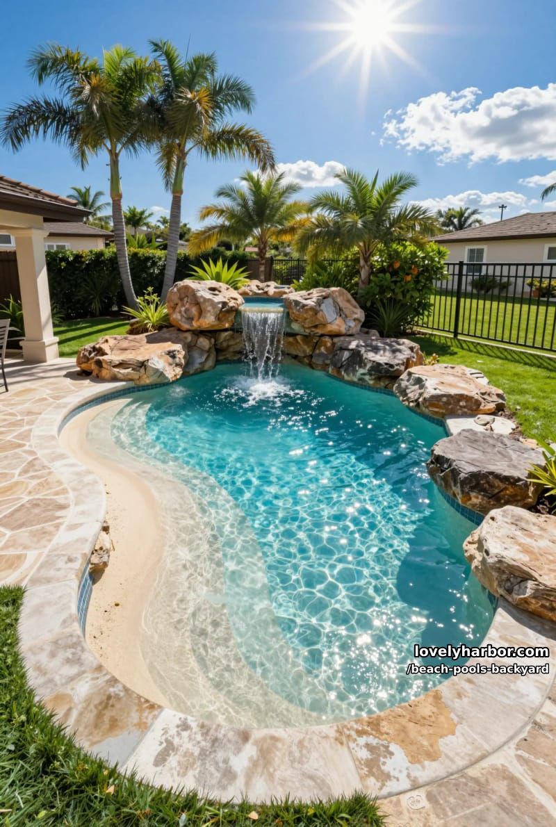 backyard pool with sandy entry, rock formations, waterfall, palm trees, and patio. 1