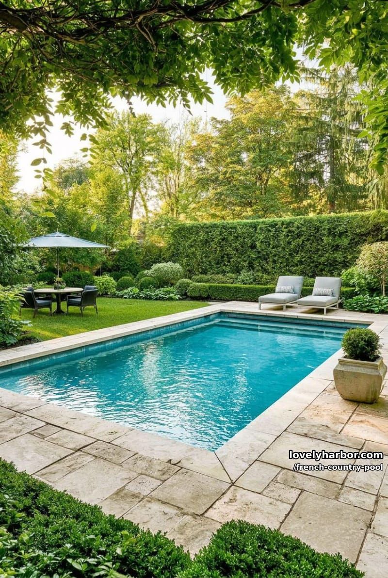 backyard pool with stone deck, lounge chairs, umbrella table, and manicured hedges. 1