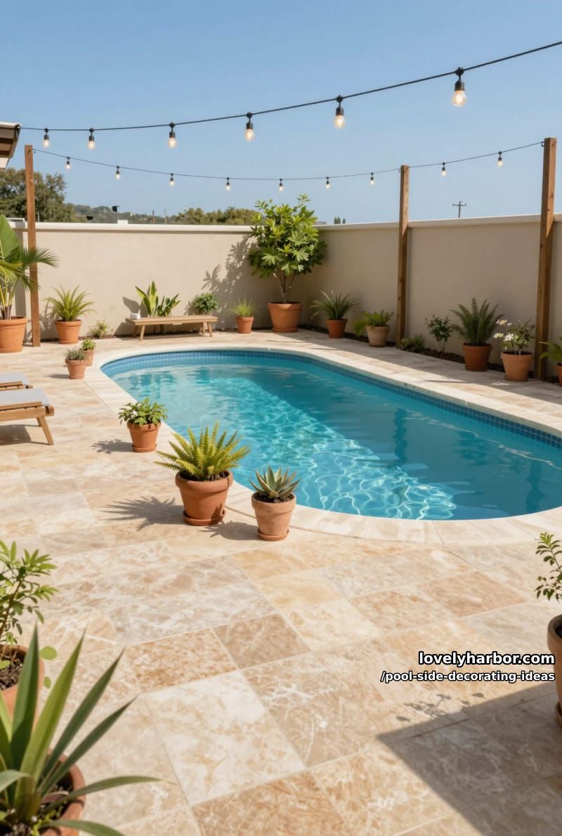 backyard pool with stone deck, string lights, potted plants, and organic shape. 1