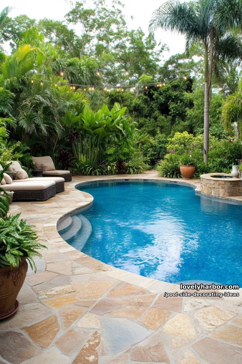 backyard pool with stone deck, string lights, potted plants, and organic shape. 1
